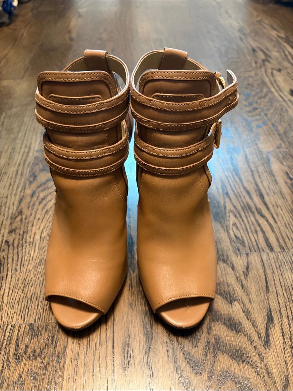 MICHAEL Michael Kors Tan Open-Toe Ankle Booties with Triple Strap Detail